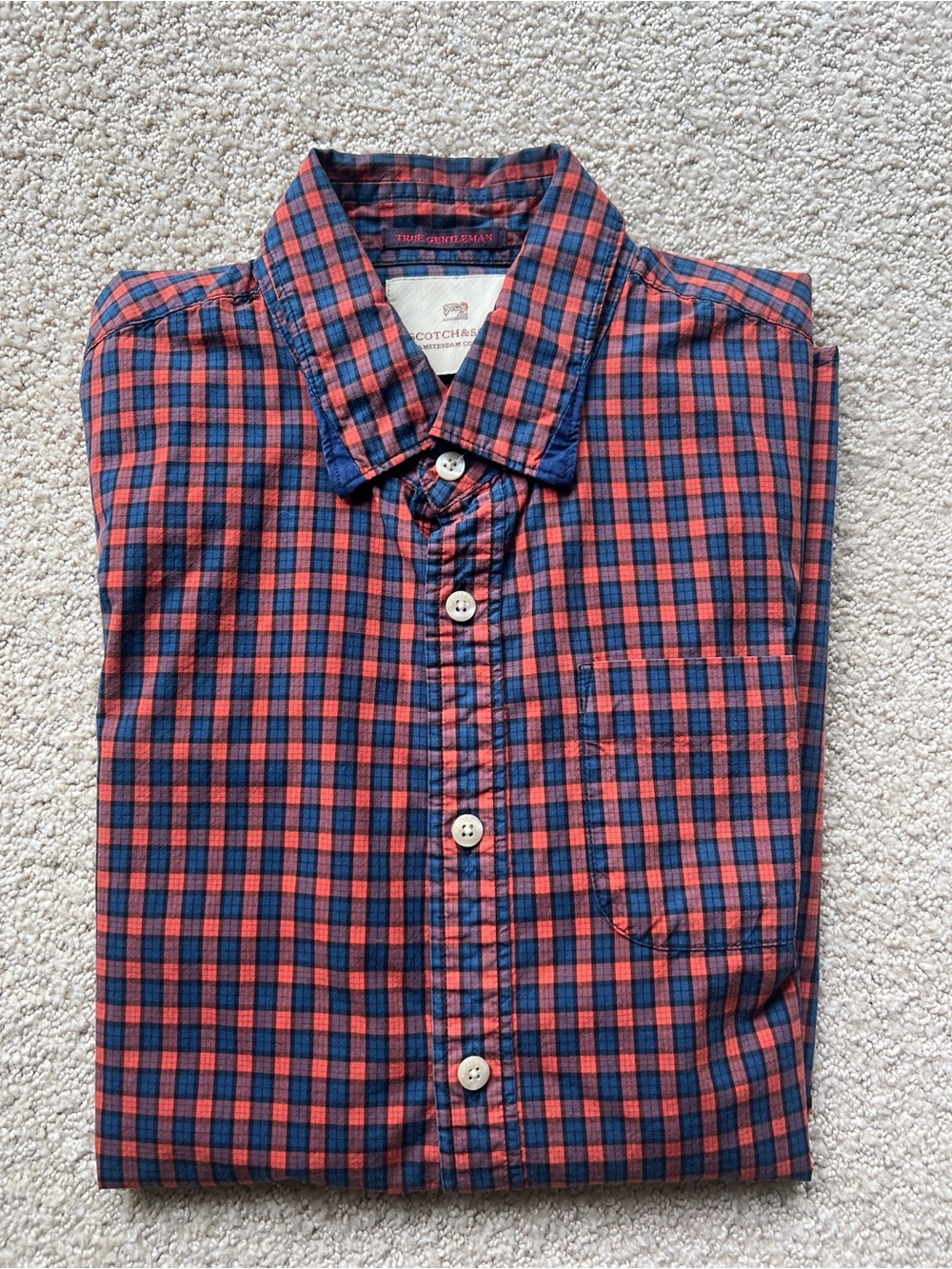 Scotch & Soda Red and Navy Plaid Button-Down Shirt